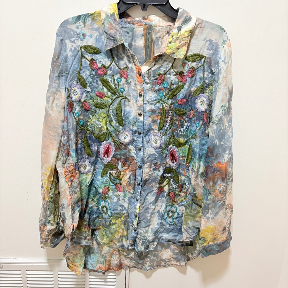 Aratta Silent Journey Floral Embroidered Button Down Top Womens Blue medium